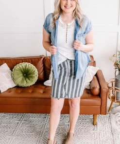 No Ship Drop Ship They See Me Strollin' Striped Denim Skirt In Charcoal Apparel