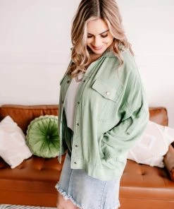 No Ship Drop Ship Apparel Slip The Collar Button Up Jacket In Sage