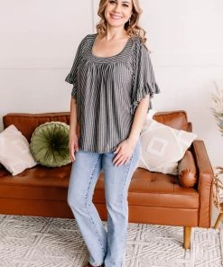 No Ship Drop Ship All Is Flair Pinstripe Flared Ruffle Sleeve Top In Charcoal (GHG-S) GHG- Shop Singles