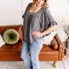 No Ship Drop Ship All Is Flair Pinstripe Flared Ruffle Sleeve Top In Charcoal (GHG-S) GHG- Shop Singles