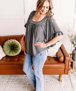 No Ship Drop Ship All Is Flair Pinstripe Flared Ruffle Sleeve Top In Charcoal (GHG-S) GHG- Shop Singles