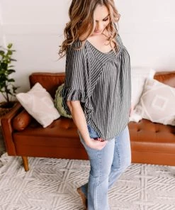 No Ship Drop Ship All Is Flair Pinstripe Flared Ruffle Sleeve Top In Charcoal (GHG-S) GHG- Shop Singles