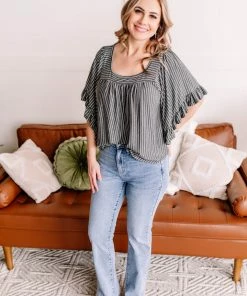 No Ship Drop Ship All Is Flair Pinstripe Flared Ruffle Sleeve Top In Charcoal (GHG-S) GHG- Shop Singles