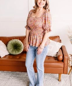 No Ship Drop Ship Flower Child Floral Smocked Blouse - (GHG-S)