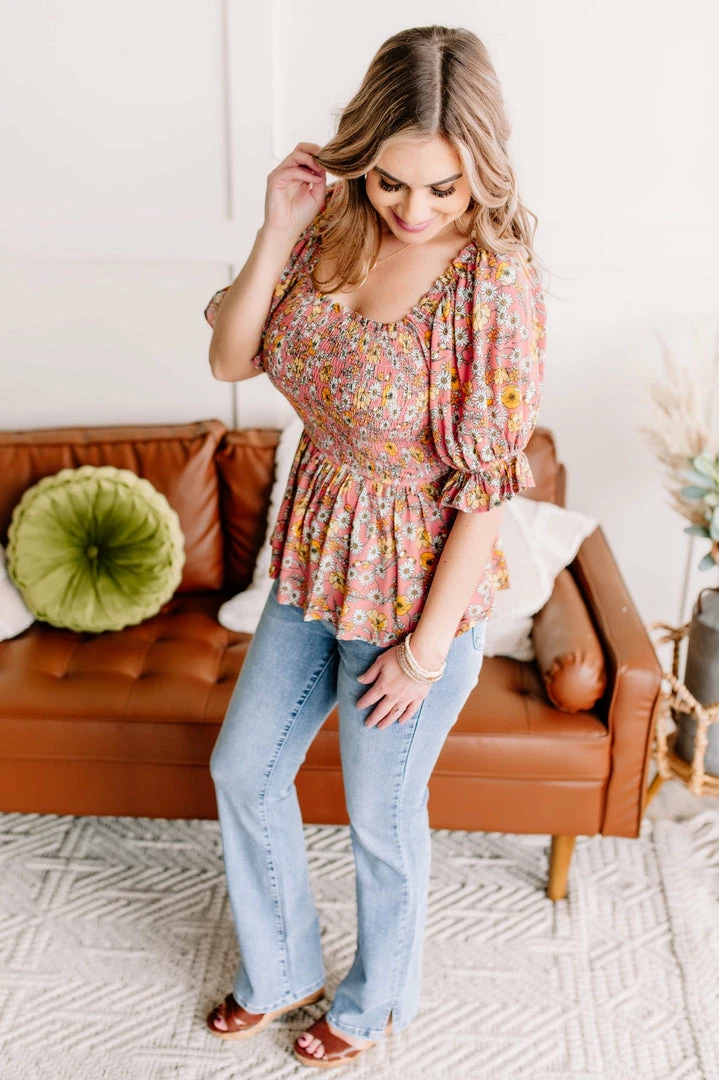 No Ship Drop Ship Flower Child Floral Smocked Blouse - (GHG-S) 4 No Ship Drop Ship Flower Child Floral Smocked Blouse - (GHG-S)