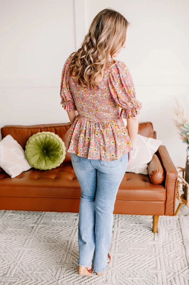 No Ship Drop Ship Flower Child Floral Smocked Blouse - (GHG-S) 6 No Ship Drop Ship Flower Child Floral Smocked Blouse - (GHG-S)