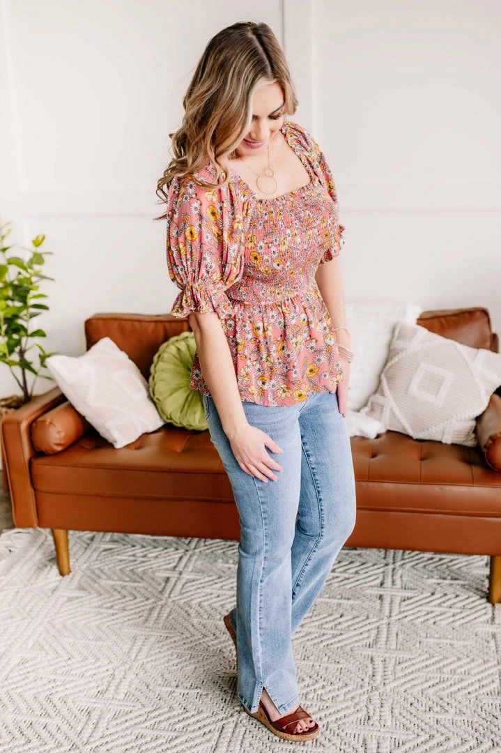 No Ship Drop Ship Flower Child Floral Smocked Blouse - (GHG-S) 8 No Ship Drop Ship Flower Child Floral Smocked Blouse - (GHG-S)