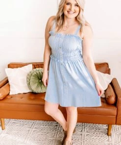No Ship Drop Ship Apparel Holding It Together Smocked Button Up Dress In Baby Blue