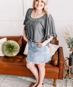 No Ship Drop Ship All Is Flair Pinstripe Flared Ruffle Sleeve Top In Charcoal (GHG-S) GHG- Shop Singles