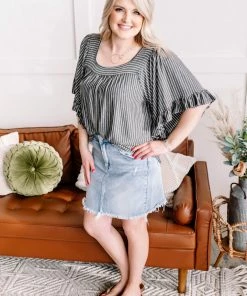 No Ship Drop Ship All Is Flair Pinstripe Flared Ruffle Sleeve Top In Charcoal (GHG-S) GHG- Shop Singles
