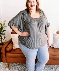 No Ship Drop Ship All Is Flair Pinstripe Flared Ruffle Sleeve Top In Charcoal (GHG-S) GHG- Shop Singles