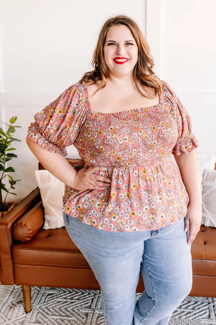 No Ship Drop Ship Flower Child Floral Smocked Blouse - (GHG-S) 2 No Ship Drop Ship Flower Child Floral Smocked Blouse - (GHG-S)