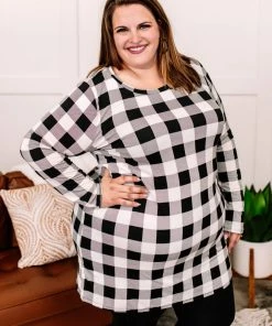 No Ship Drop Ship Across The Board Dress In Black + Ivory Checks Apparel