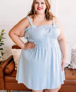 No Ship Drop Ship Holding It Together Smocked Button Up Dress In Baby Blue (GHG-S)