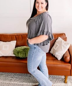 No Ship Drop Ship All Is Flair Pinstripe Flared Ruffle Sleeve Top In Charcoal (GHG-S) GHG- Shop Singles