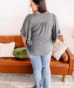 No Ship Drop Ship All Is Flair Pinstripe Flared Ruffle Sleeve Top In Charcoal (GHG-S) GHG- Shop Singles