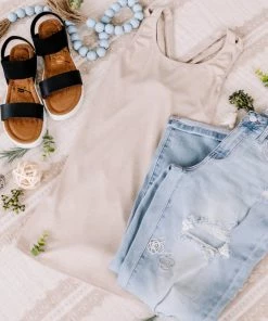 No Ship Drop Ship Apparel Back Story Sleeveless Criss Cross Top In Oatmeal