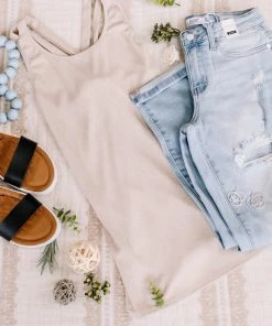 No Ship Drop Ship Apparel Back Story Sleeveless Criss Cross Top In Oatmeal