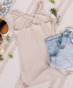 No Ship Drop Ship Apparel Back Story Sleeveless Criss Cross Top In Oatmeal