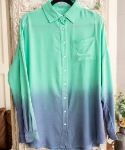 No Ship Drop Ship Apparel Chill Out Ombre Button Down Top In Mint Blue