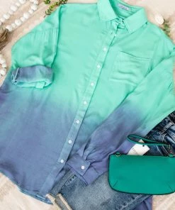 No Ship Drop Ship Apparel Chill Out Ombre Button Down Top In Mint Blue