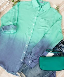 No Ship Drop Ship Apparel Chill Out Ombre Button Down Top In Mint Blue