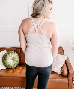 No Ship Drop Ship Apparel Back Story Sleeveless Criss Cross Top In Oatmeal