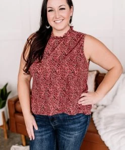 No Ship Drop Ship Apparel Frilled For You Sleeveless Blouse In Marsala