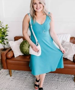 No Ship Drop Ship Still Waters Run Deep V Neck Dress In Aqua (GHG-S)