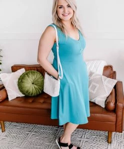 No Ship Drop Ship Still Waters Run Deep V Neck Dress In Aqua (GHG-S)
