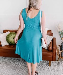 No Ship Drop Ship Still Waters Run Deep V Neck Dress In Aqua (GHG-S)