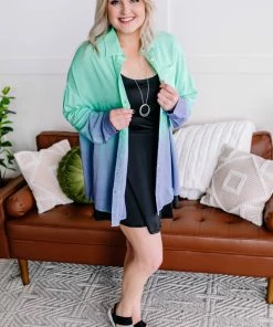 No Ship Drop Ship Apparel Chill Out Ombre Button Down Top In Mint Blue