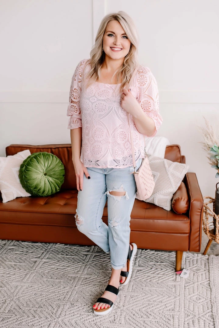 No Ship Drop Ship Take A Shine To Pink Lace Top (GHG-S) 1 No Ship Drop Ship Take A Shine To Pink Lace Top (GHG-S)