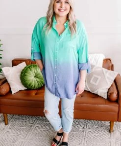 No Ship Drop Ship Apparel Chill Out Ombre Button Down Top In Mint Blue