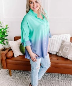 No Ship Drop Ship Apparel Chill Out Ombre Button Down Top In Mint Blue