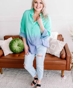 No Ship Drop Ship Apparel Chill Out Ombre Button Down Top In Mint Blue