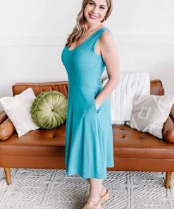 No Ship Drop Ship Still Waters Run Deep V Neck Dress In Aqua (GHG-S)
