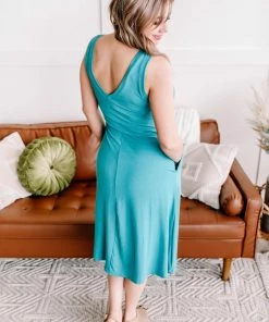 No Ship Drop Ship Still Waters Run Deep V Neck Dress In Aqua (GHG-S)
