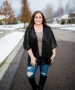 No Ship Drop Ship Rise To The Occasion Black Sequined Cardigan