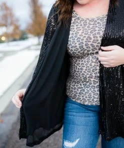 No Ship Drop Ship Rise To The Occasion Black Sequined Cardigan