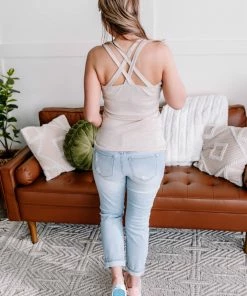 No Ship Drop Ship Apparel Back Story Sleeveless Criss Cross Top In Oatmeal