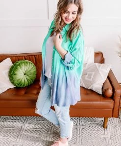 No Ship Drop Ship Apparel Chill Out Ombre Button Down Top In Mint Blue