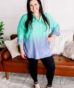 No Ship Drop Ship Apparel Chill Out Ombre Button Down Top In Mint Blue