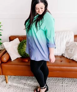 No Ship Drop Ship Apparel Chill Out Ombre Button Down Top In Mint Blue