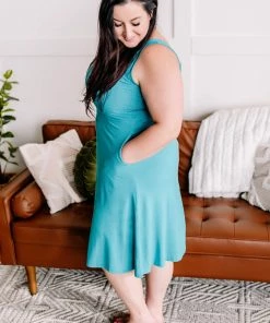 No Ship Drop Ship Still Waters Run Deep V Neck Dress In Aqua (GHG-S)
