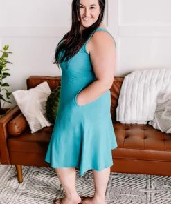 No Ship Drop Ship Still Waters Run Deep V Neck Dress In Aqua (GHG-S)