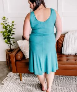 No Ship Drop Ship Still Waters Run Deep V Neck Dress In Aqua (GHG-S)