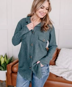 No Ship Drop Ship Apparel Brush Your Cares Away Button Up Top In Hunter Green