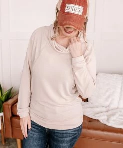 No Ship Drop Ship Just Warming Up Soft Terry Top In Taupe Apparel