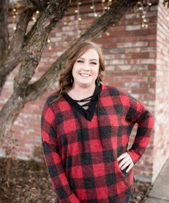 No Ship Drop Ship Plaid Tidings Lace Up Top